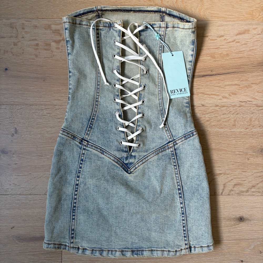 REVICE Light Blue Denim Lace-Up Strapless Mini Dress